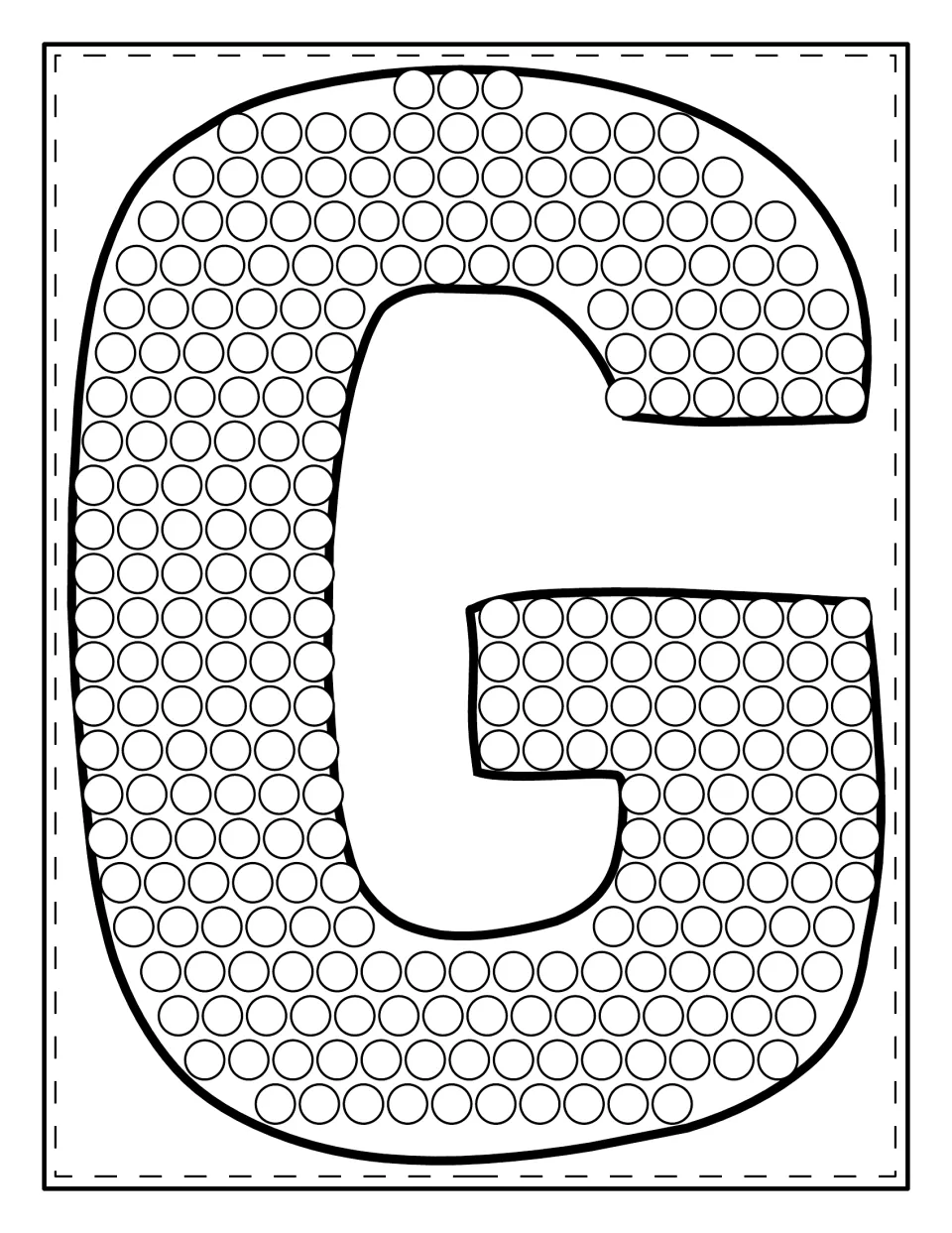 Uppercase G filled with rows of circles: students dab a dot marker in each one to trace the capital letter shape