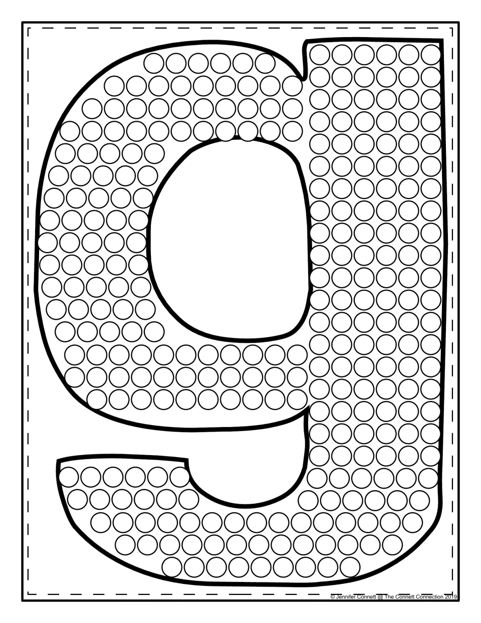 Lowercase g: students fill every circle inside a full-page lowercase g with dot markers, following its loop and tail