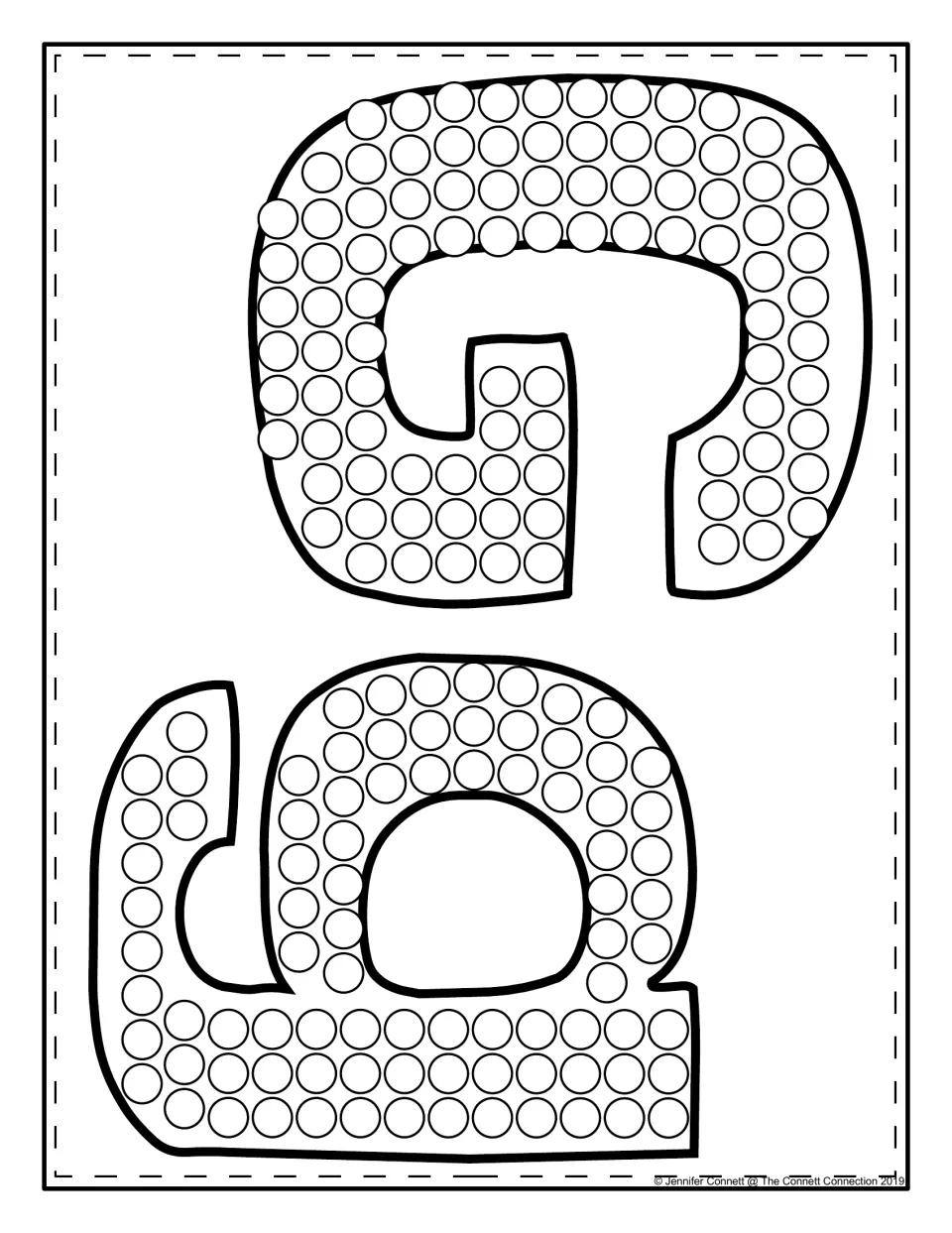 Uppercase G and lowercase g side by side, each filled with circles for students to dot and compare the two letter forms
