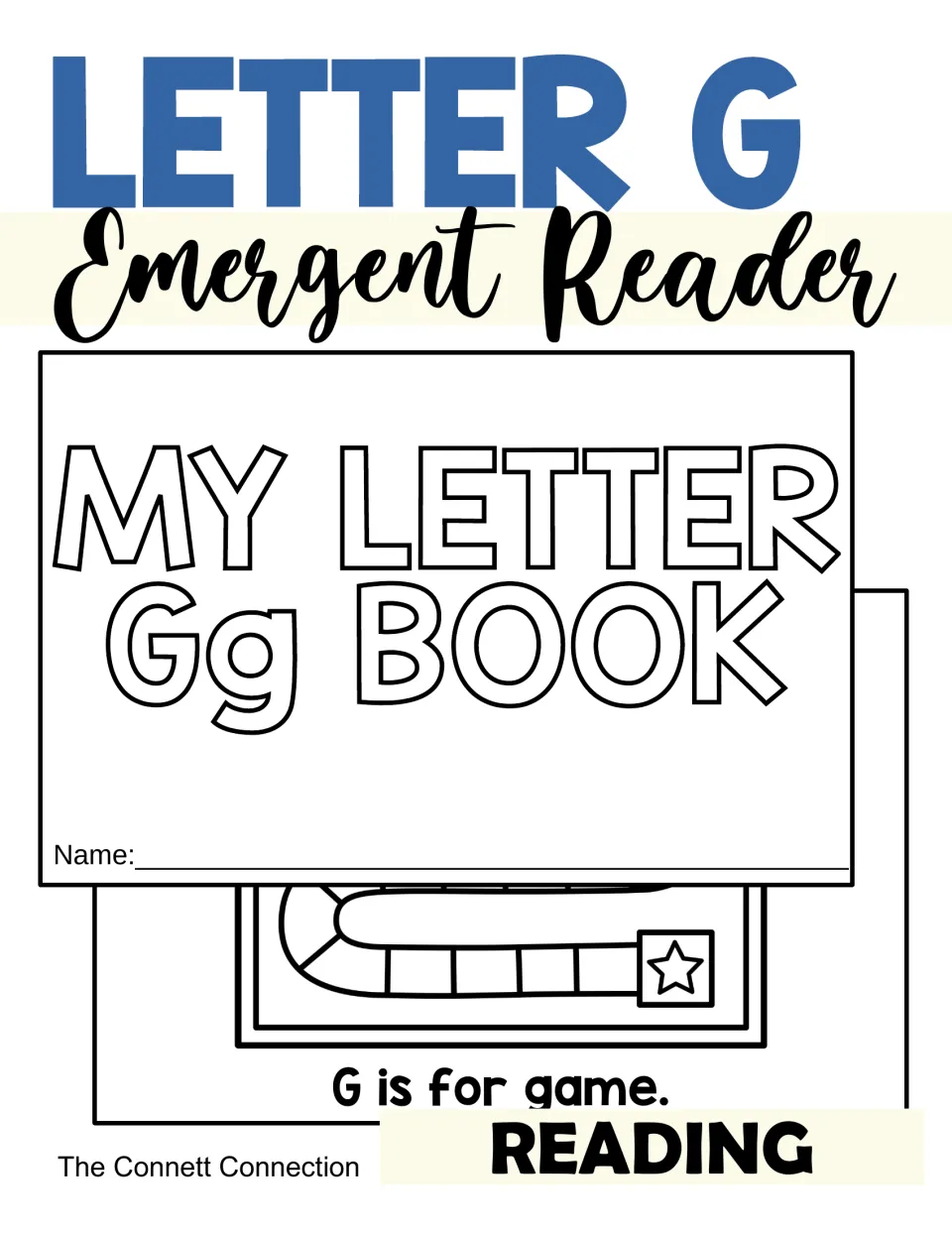 Letter G Emergent Reader cover showing the My Letter Gg Book front page with a board game and the line G is for game