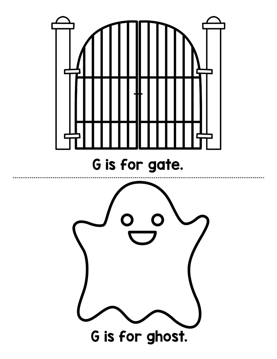 Beginning sound G reading: students read G is for gate and G is for ghost, each sentence under a line drawing of the word