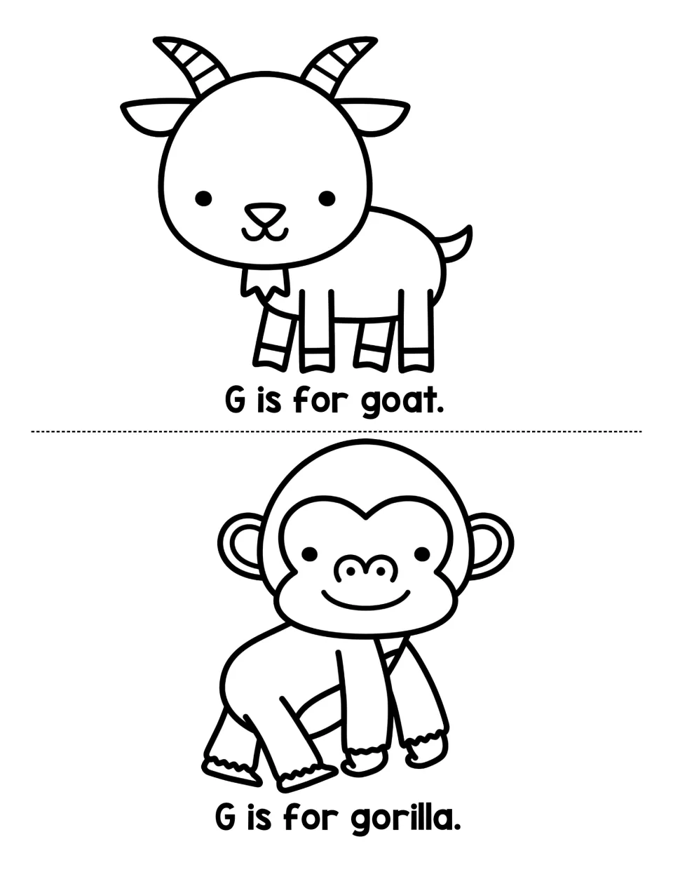 Letter G animal words: students read G is for goat and G is for gorilla, each with a drawing of the animal
