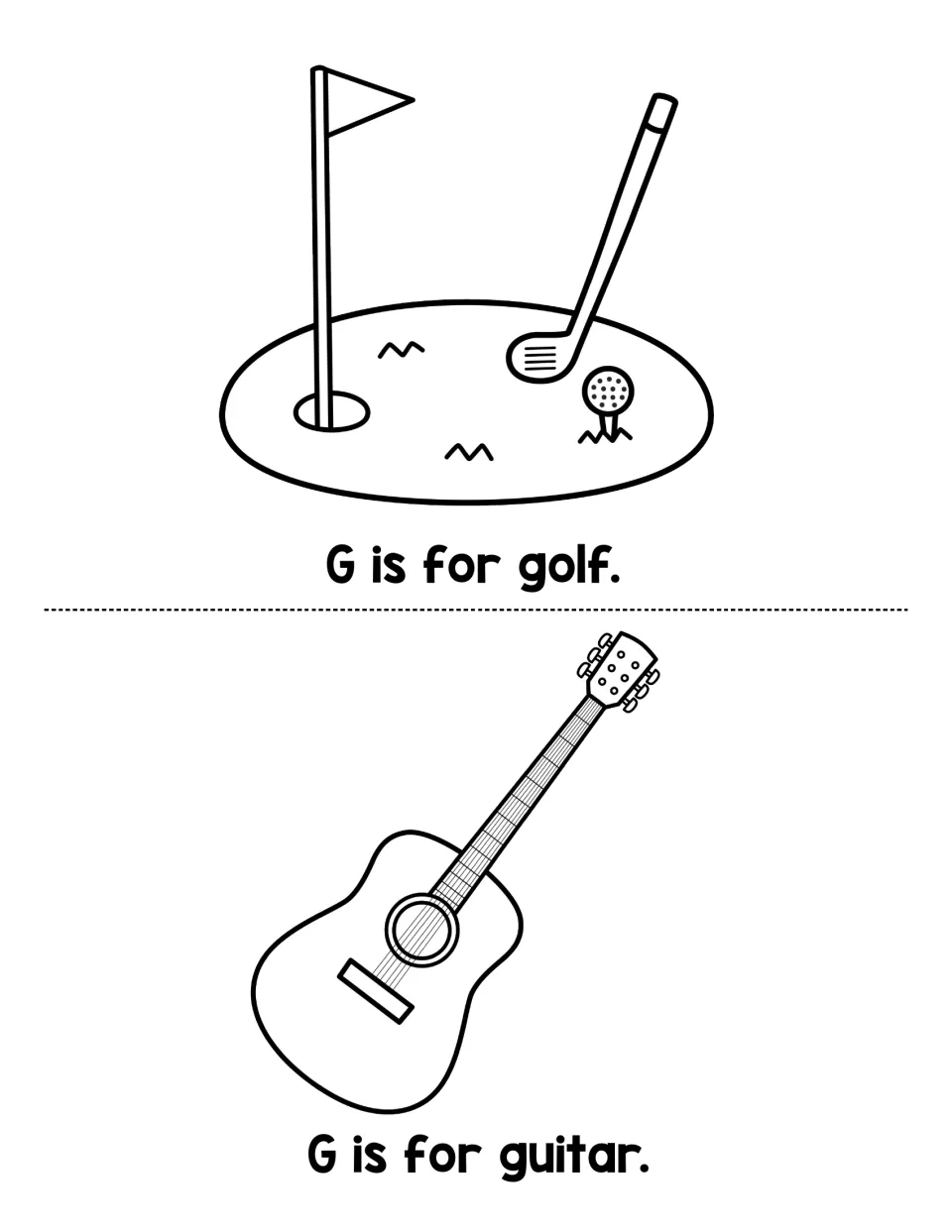 G sound sentences: students read G is for golf with a flag, club and ball, and G is for guitar under a guitar drawing