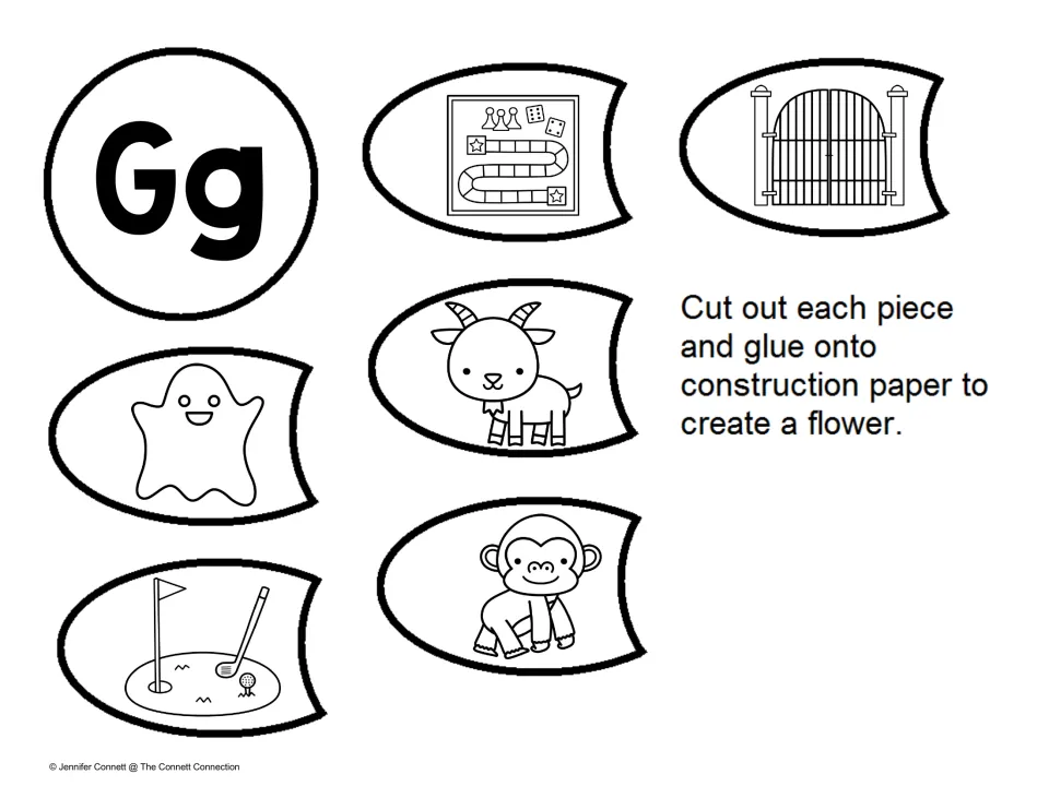 Letter G sound: students cut out a Gg center and petals showing game, gate, goat, ghost, gorilla and golf to build a flower