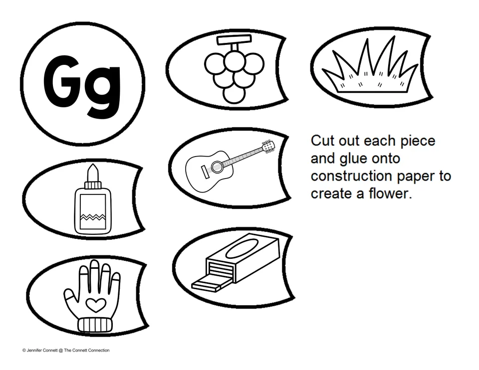 Beginning G sound petals: grapes, grass, guitar, glue, gum and a glove to cut out and glue around a Gg flower center