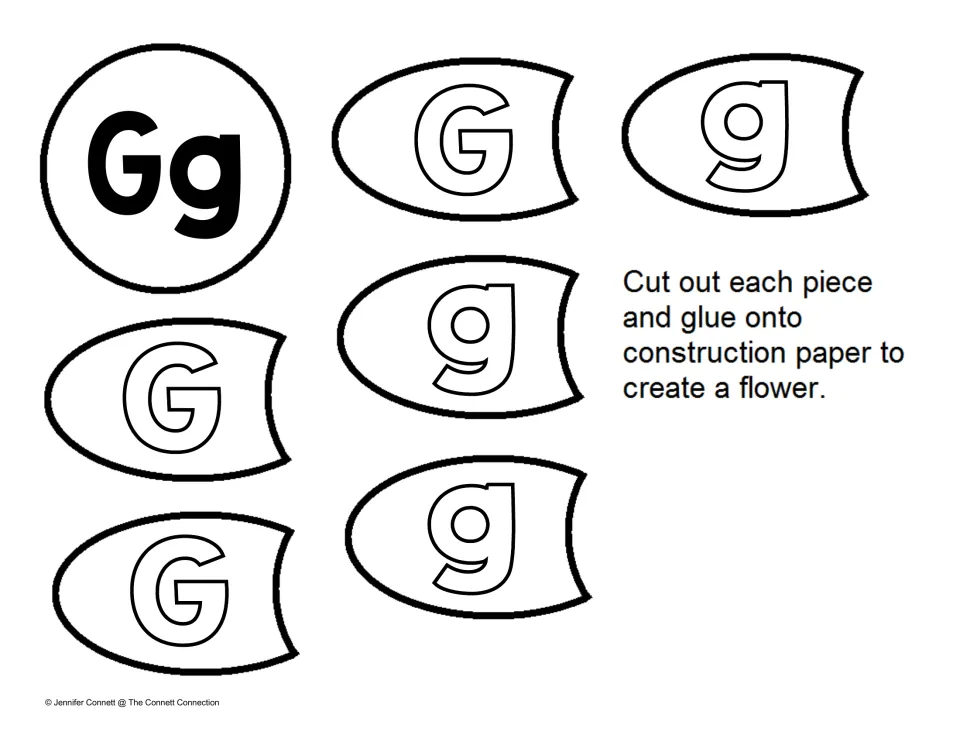 Uppercase and lowercase G recognition: students cut out petals with outlined G and g letters and glue them into a flower