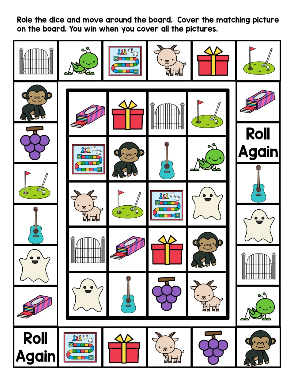 Color G sounds board game: students roll, move and cover matching gate, goat, ghost, guitar, grapes and gift pictures