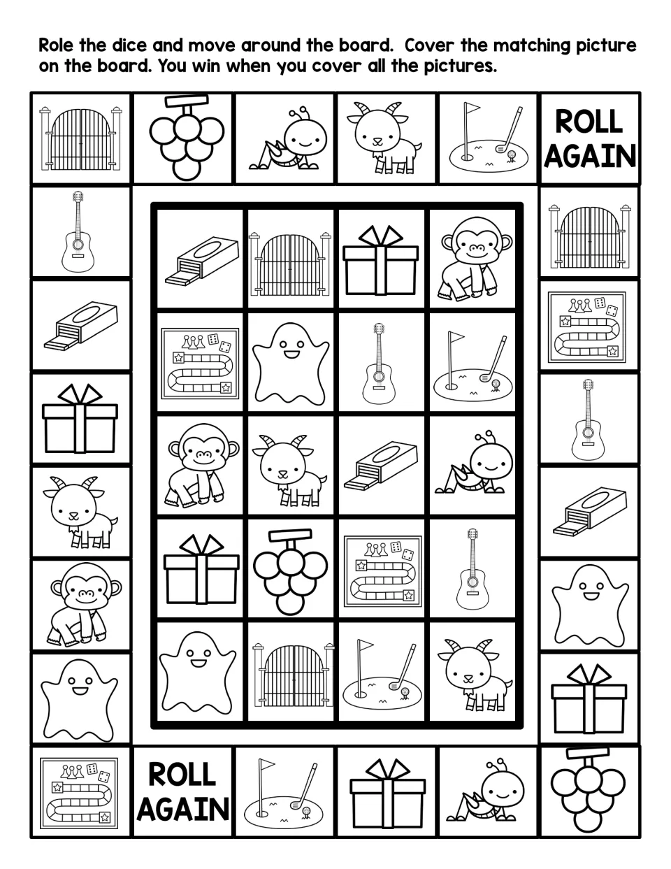 Black-and-white G sounds board game: roll, move and cover gorilla, gum, golf, game and grasshopper pictures to win