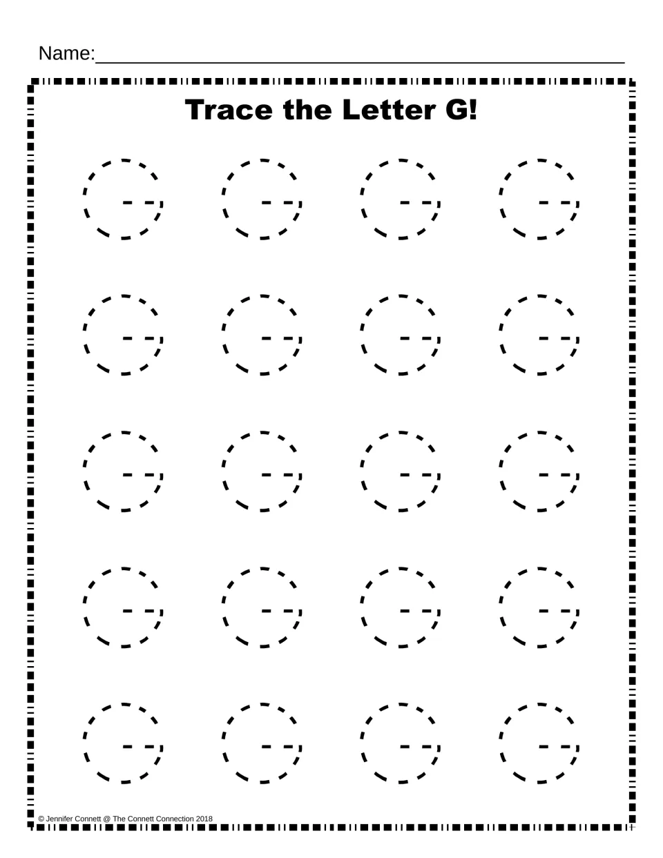 Trace the Letter G!: students trace 20 dashed uppercase G letters to practise forming the capital G with a pencil