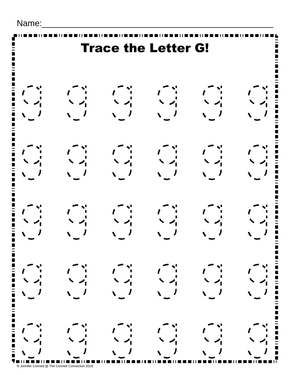 Lowercase g tracing: students follow 30 dashed lowercase g shapes to practise the round body and descending tail