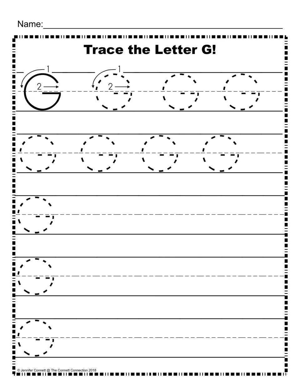 Capital G on writing lines: stroke arrows model the letter, then students trace dashed G's and write their own