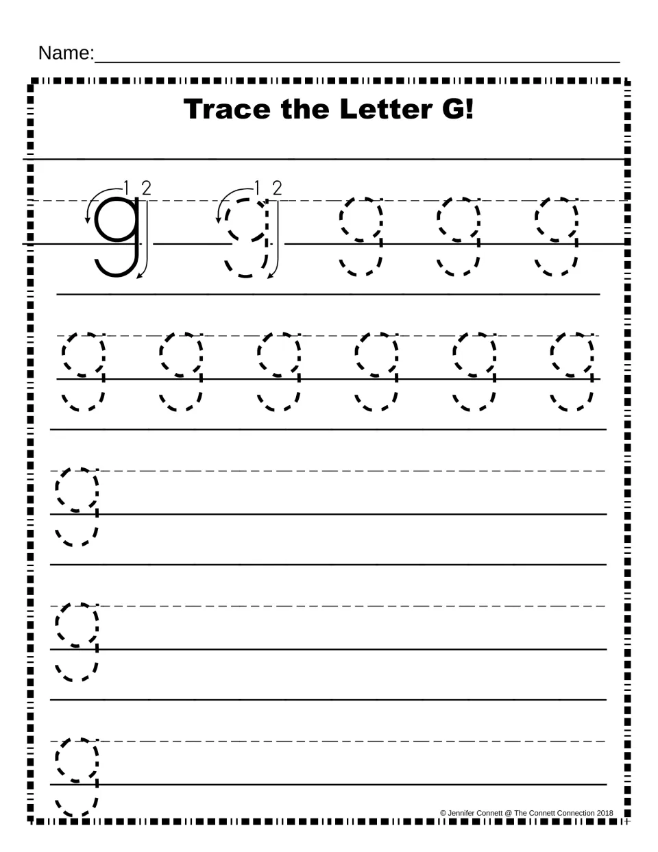 Lowercase g on writing lines: numbered arrows show stroke order, then students trace dashed g's and finish each row