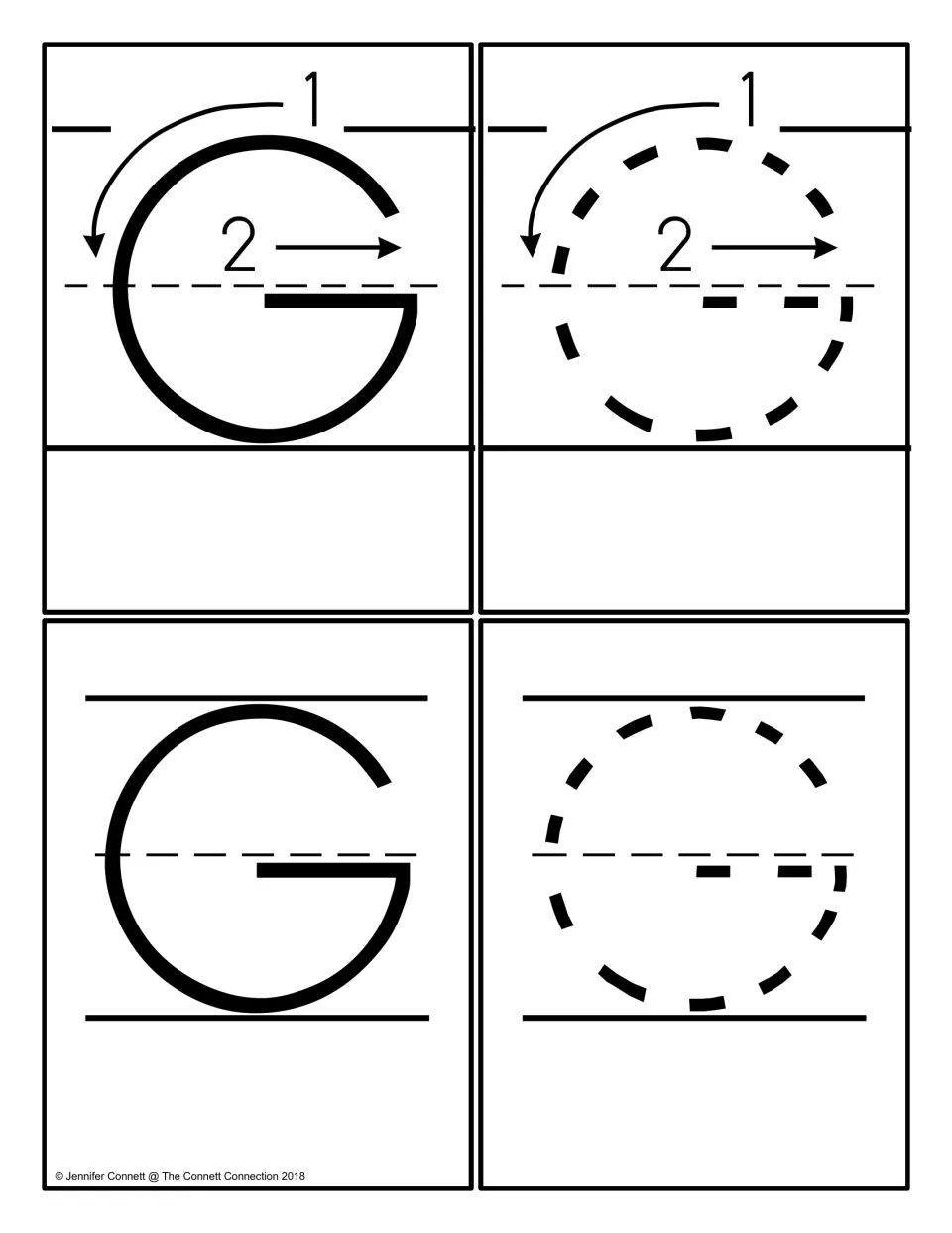 Uppercase G cards: solid and dashed capital G models, two with numbered stroke-order arrows and two without