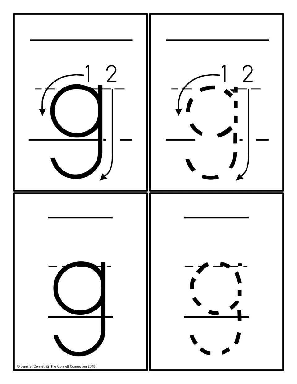 Lowercase g formation cards: a solid g to study and a dashed g to trace, each shown with and without stroke arrows