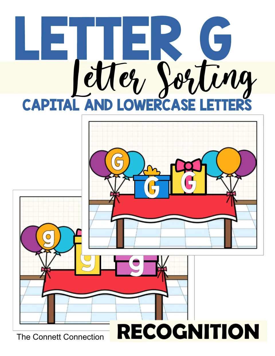 Letter G letter sorting cover: gift cards marked G and g set on two party-table sorting mats with balloons