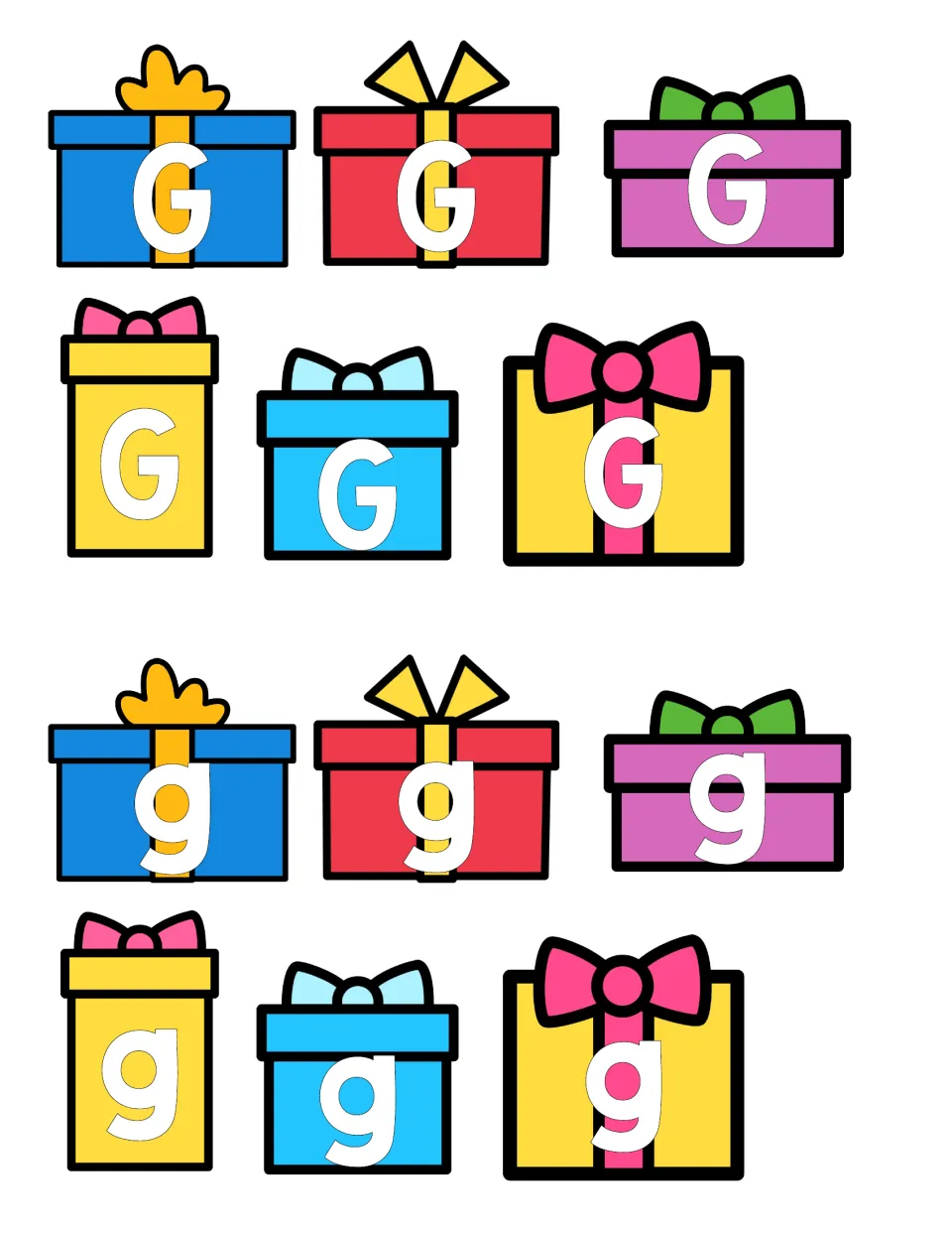 Gift box cards to cut out: six show capital G and six show lowercase g, for students to sort onto the party mats