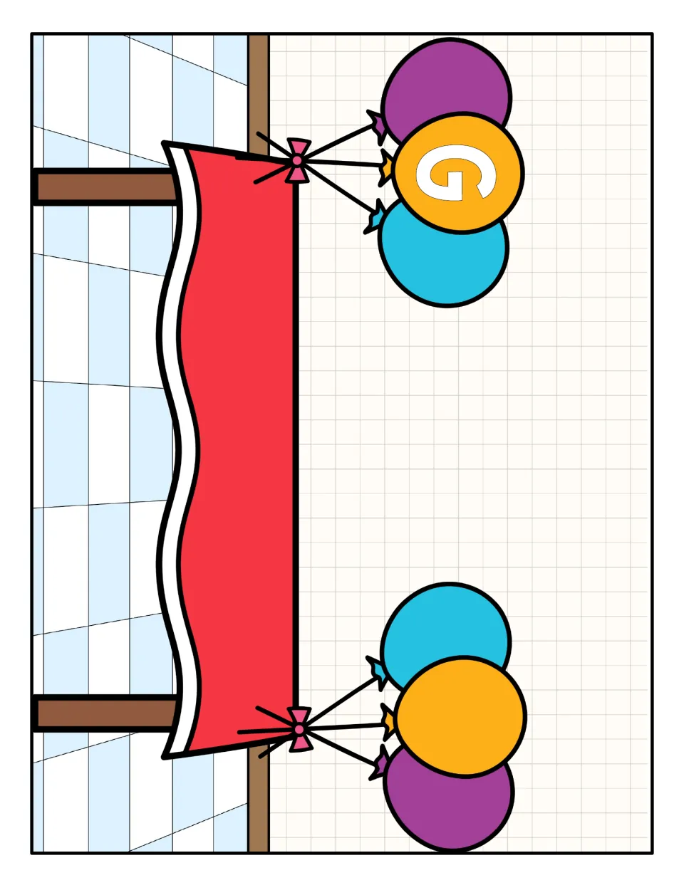 Capital G sorting mat: a party table with balloons, one balloon marked G, where students place the capital G gifts