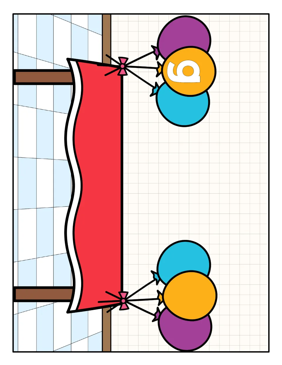 Lowercase g sorting mat: party table and balloons with one balloon marked g, where students set each lowercase g gift