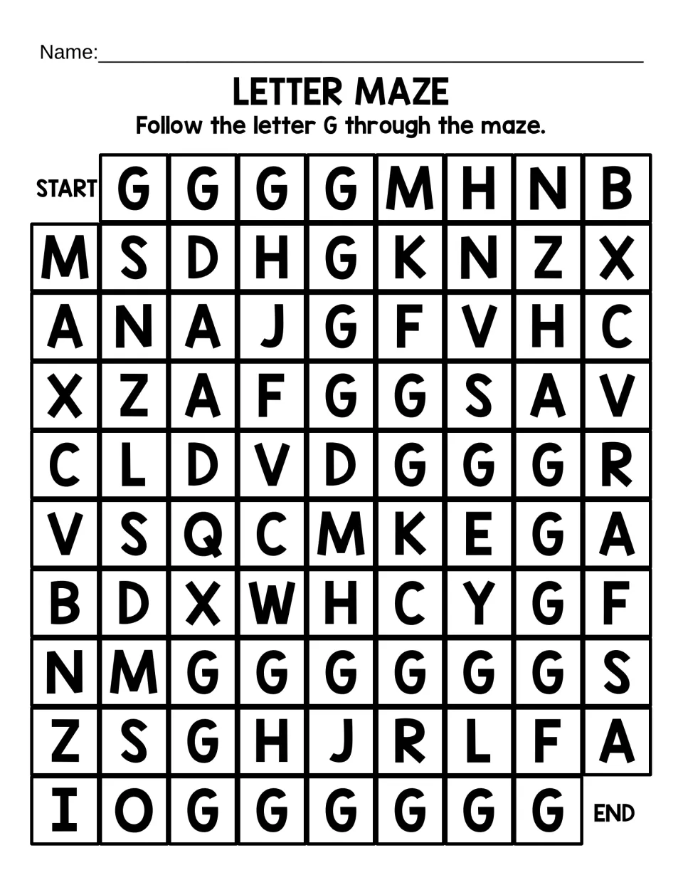 Uppercase G recognition: students follow a winding path of capital G letters from START to END through a large letter maze