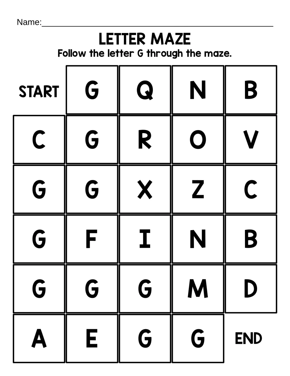 Capital G path: students trace the G's from START to END in a short maze of big letters, skipping Q, R, X and others