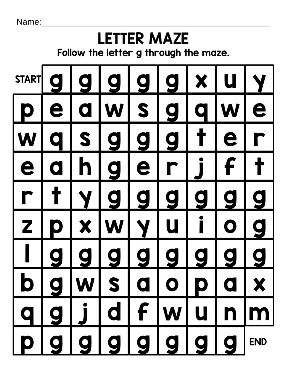 Lowercase g recognition: students follow the g's from START to END through a long maze, telling g apart from q, p and y