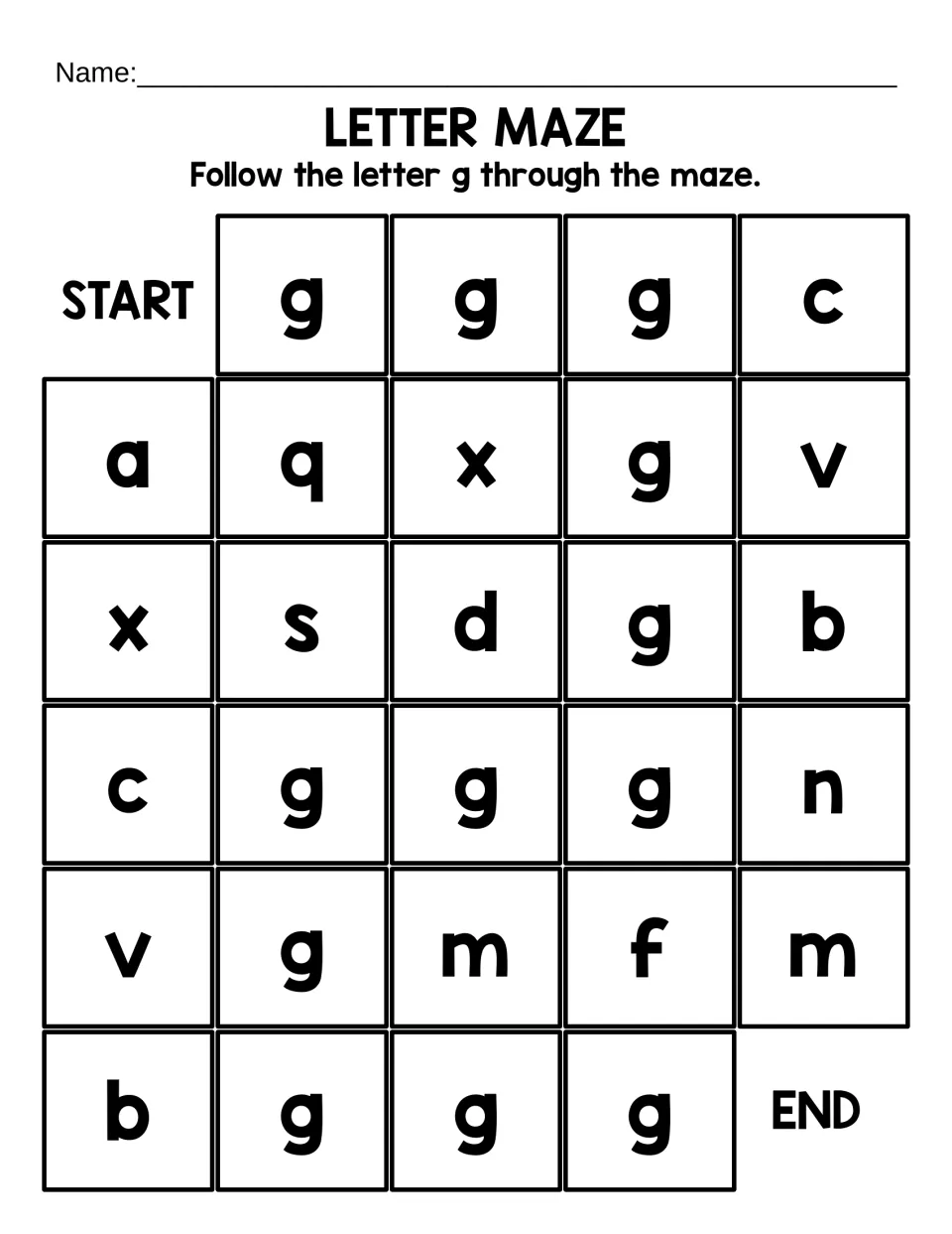 Lowercase g path: students follow the g's from START to END in a short maze of large letters, skipping q, x and m