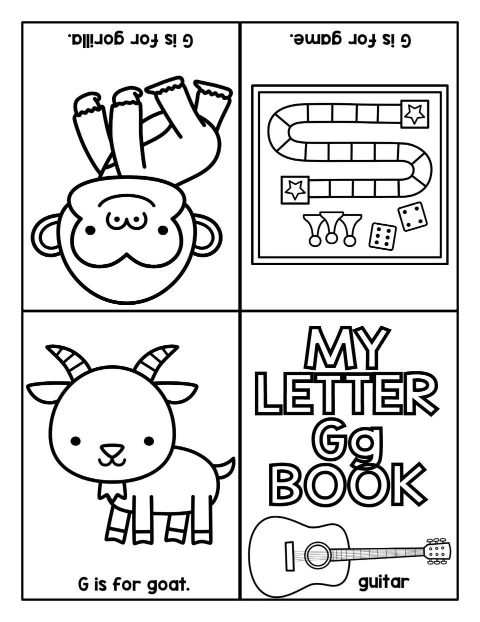 Letter Gg fold-up mini book: My Letter Gg Book cover with guitar, then G is for goat, game and gorilla to color