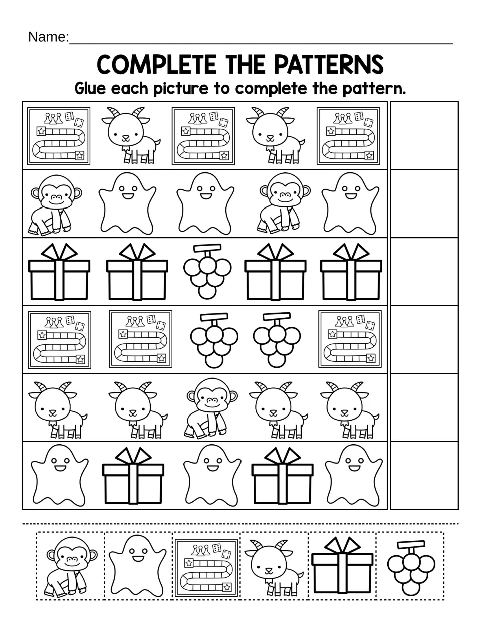 Complete the patterns: students glue cut-out goat, gorilla, ghost, gift, grapes or game pictures to finish each row