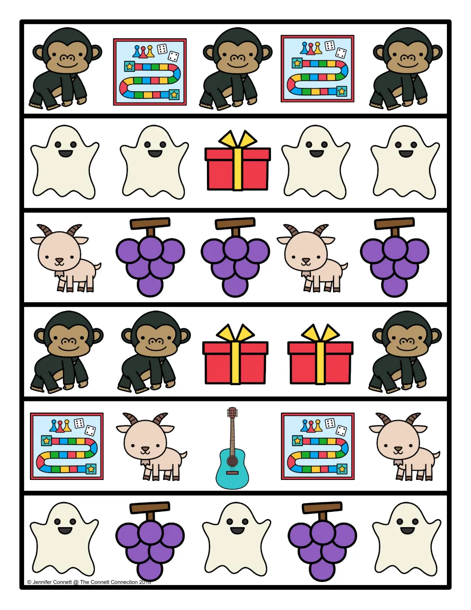 Color pattern strips with G pictures: gorilla, game board, ghost, gift, goat, grapes and guitar in six repeating rows