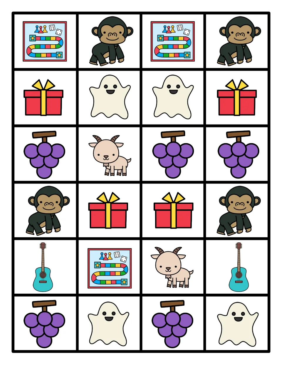 Cut-out picture cards: 24 color G pictures of game boards, gorillas, gifts, ghosts, grapes, goats and guitars