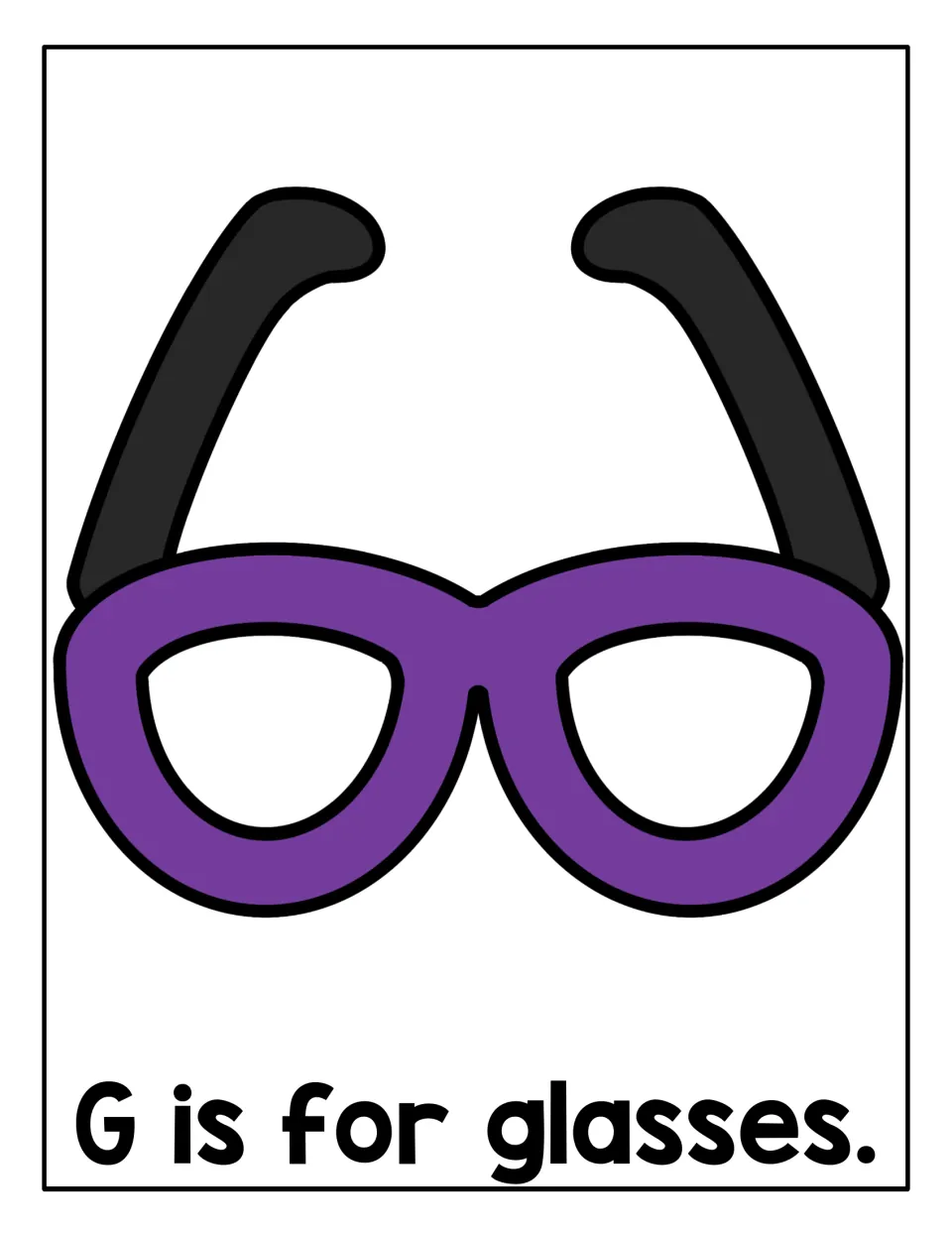Letter G sound mat: purple glasses in thick rolled shapes for students to cover with dough, labeled G is for glasses