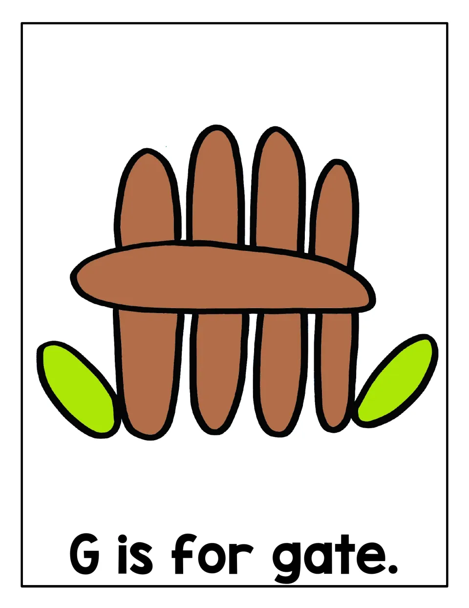 G is for gate: a brown picket gate with two green leaves shaped as rolled snakes for children to recreate with playdough