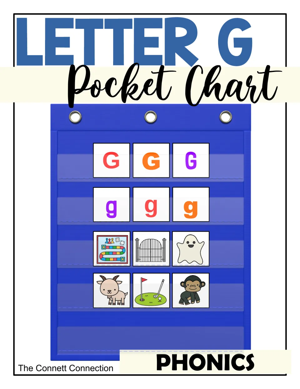 Letter G pocket chart cover: uppercase and lowercase G cards plus goat, gate, ghost, golf and gorilla picture cards