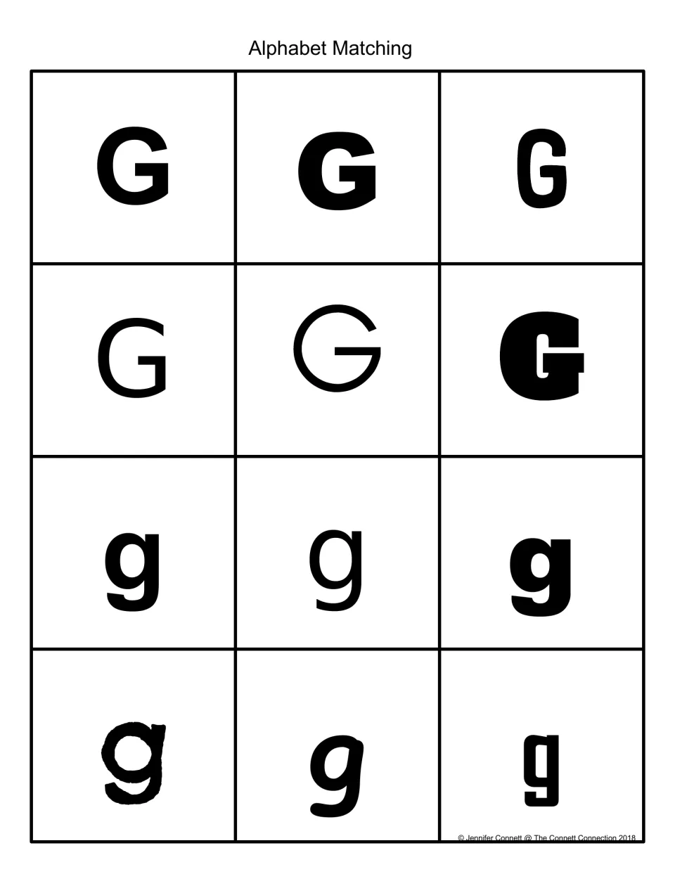 Alphabet Matching: 12 black-and-white letter cards showing uppercase G and lowercase g in six different fonts each