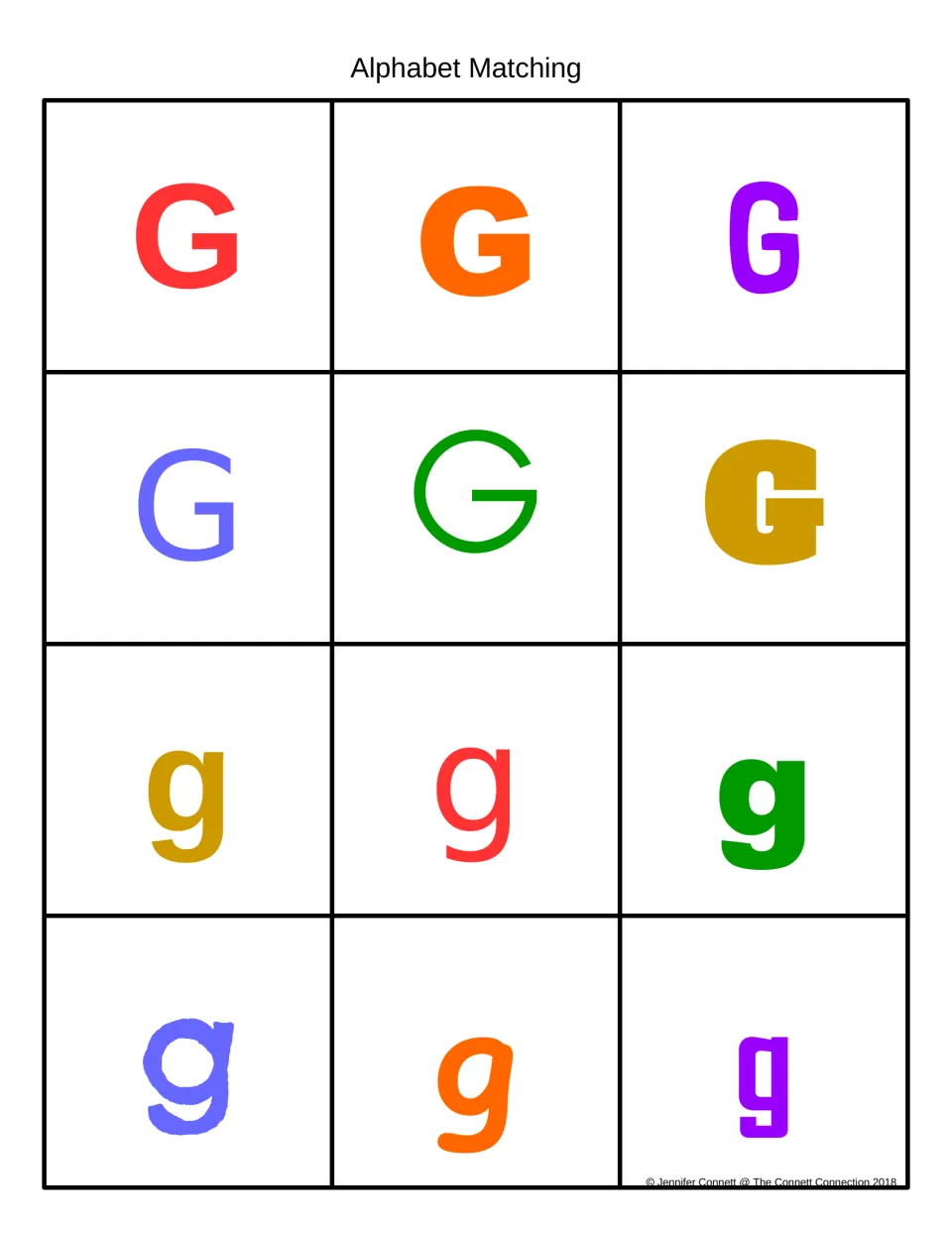 Alphabet Matching in color: uppercase G and lowercase g cards in six fonts each for matching capital to lowercase
