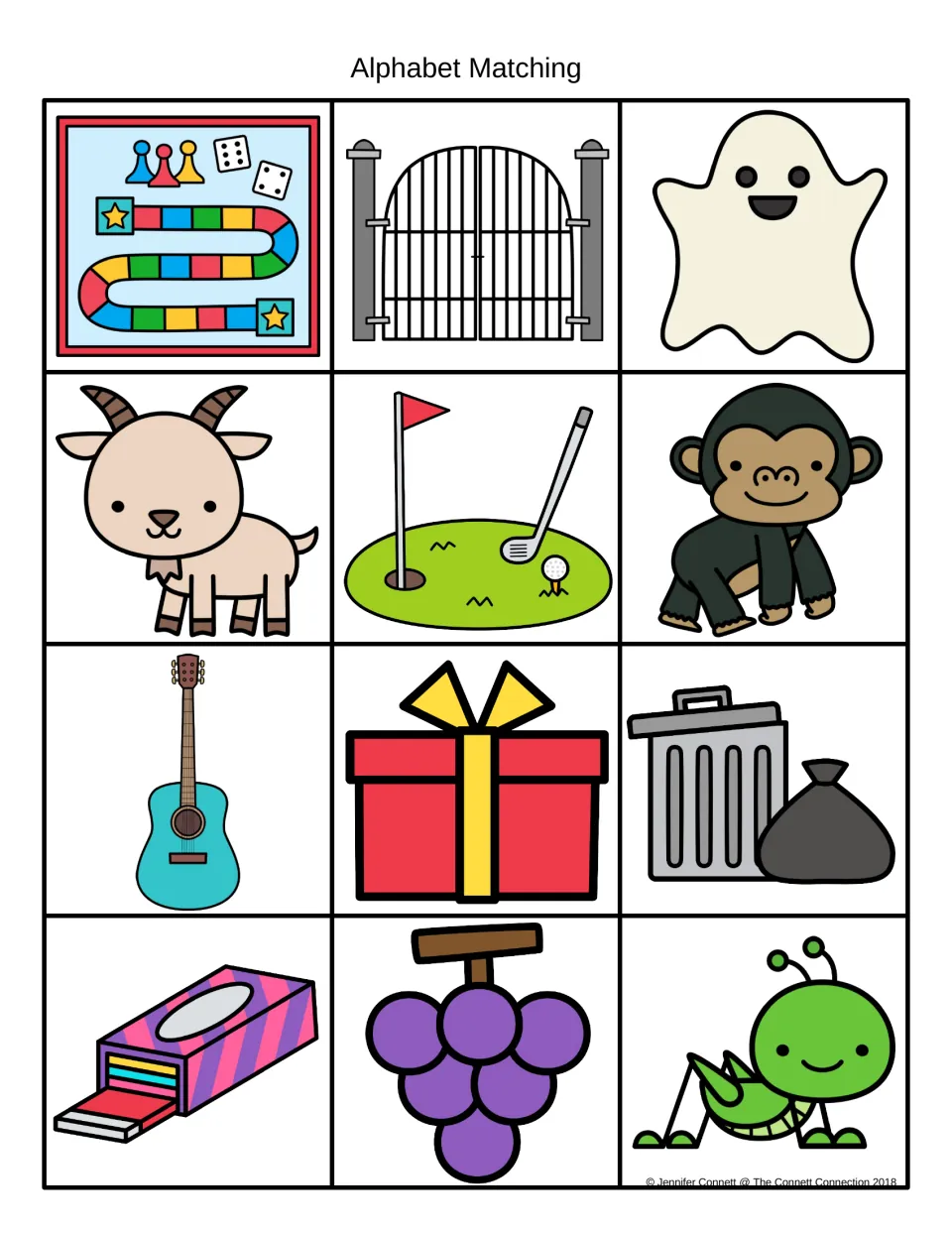 Picture cards for /g/: game, gate, ghost, goat, golf, gorilla, guitar, gift, garbage, gum, grapes, grasshopper