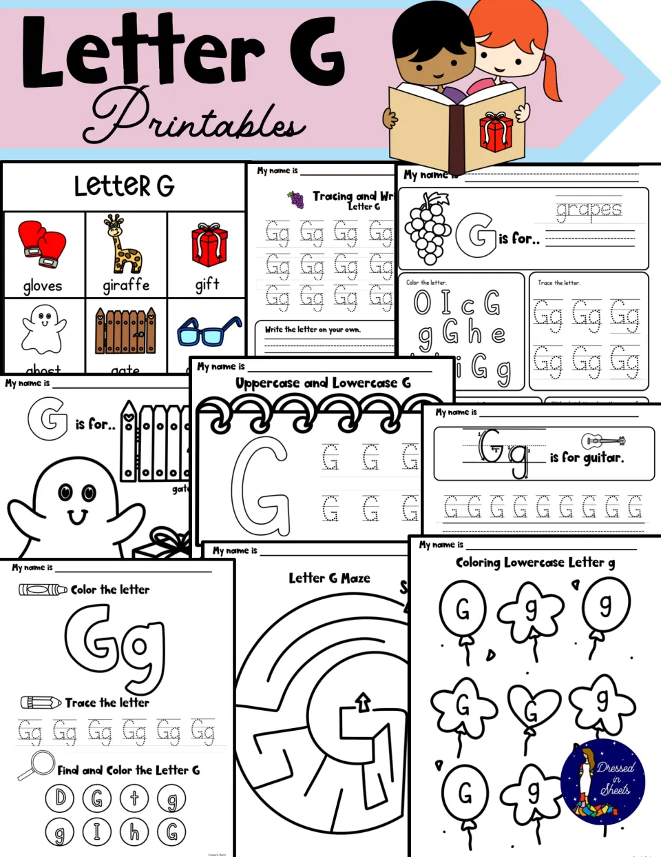 Letter G Printables cover previewing a G picture chart, tracing pages, G is for coloring pages and a letter maze