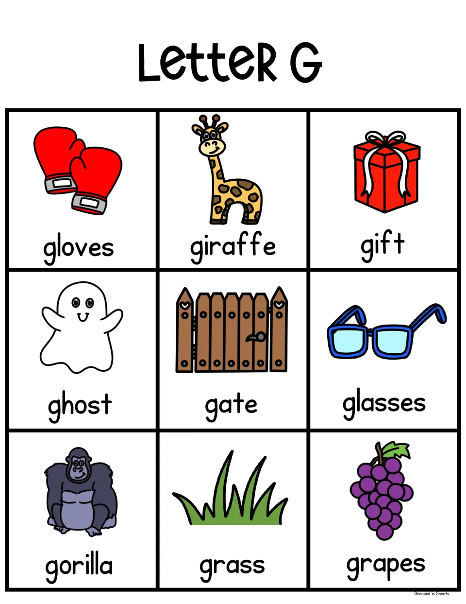 Letter G picture chart naming gloves, giraffe, gift, ghost, gate, glasses, gorilla, grass and grapes for beginning sounds