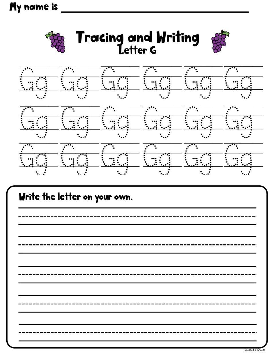 Tracing and writing letter G: students trace 18 dotted Gg pairs, then write the letter on their own