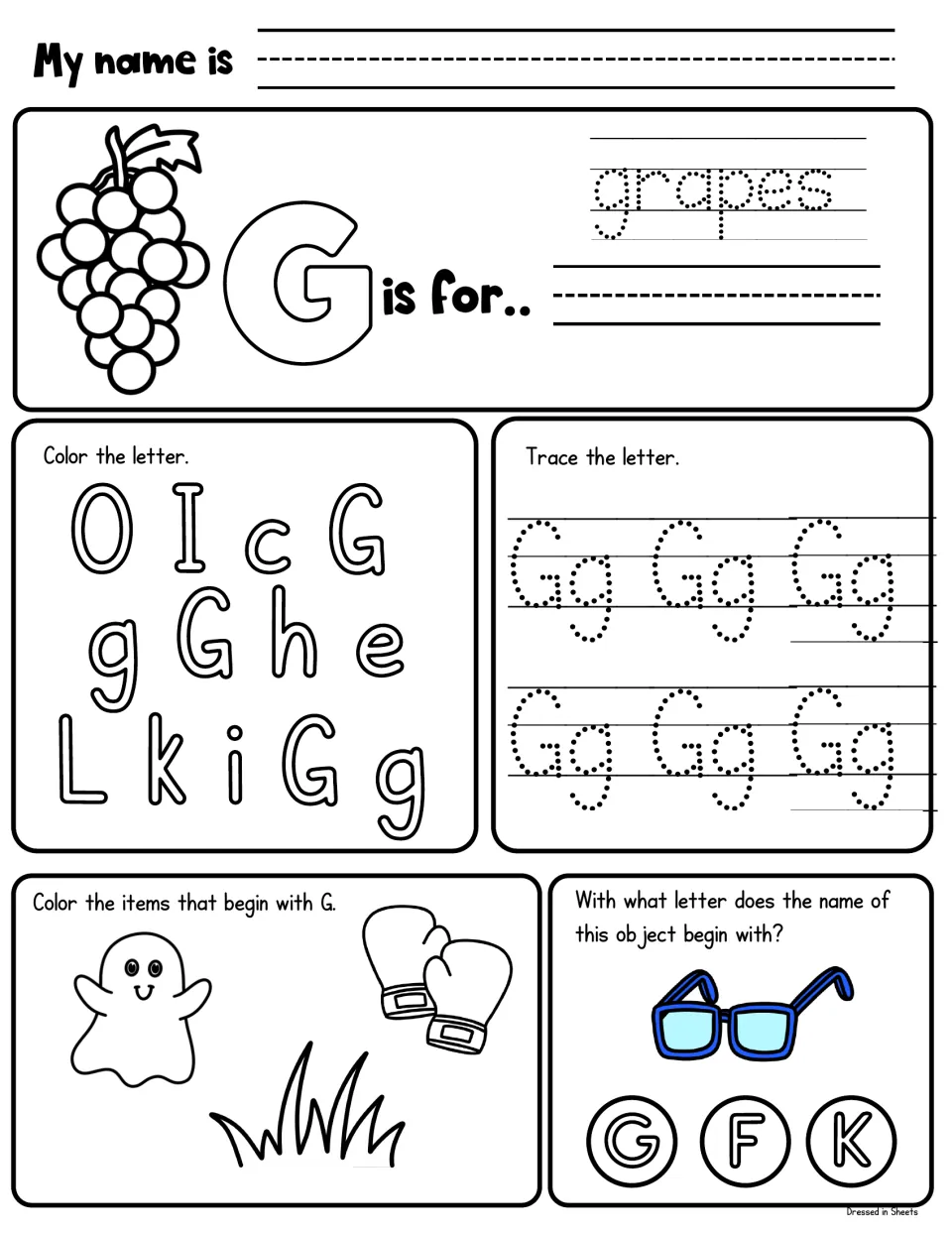 G is for grapes: students trace the word, color G letters, trace Gg, color items starting with G and pick G for glasses