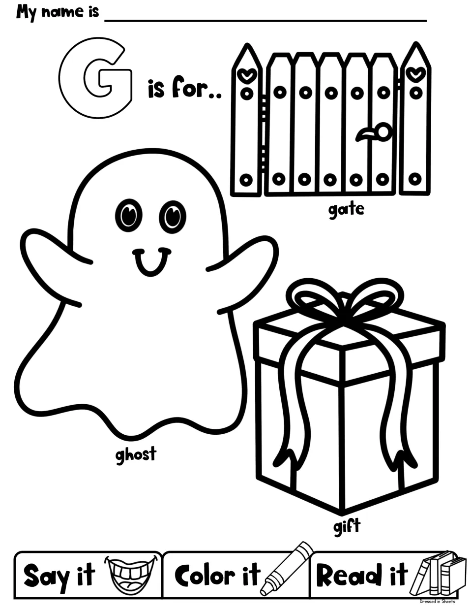 G is for gate, ghost and gift: students say each word, color the line drawings and read the labels to hear the g sound
