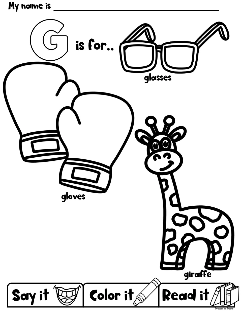 G is for glasses, gloves and giraffe: students say, color and read each labeled picture to practise the beginning g sound
