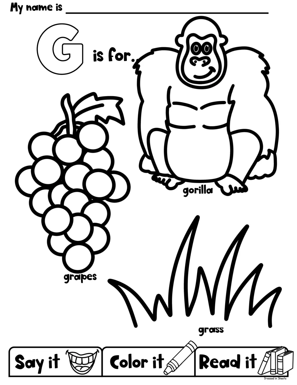 G is for gorilla, grapes and grass: students say each word aloud, color the drawings and read the labels beneath them