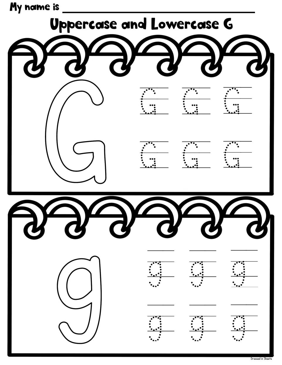 Uppercase and lowercase G: students trace six dotted capital G and six dotted small g beside large outlined letters