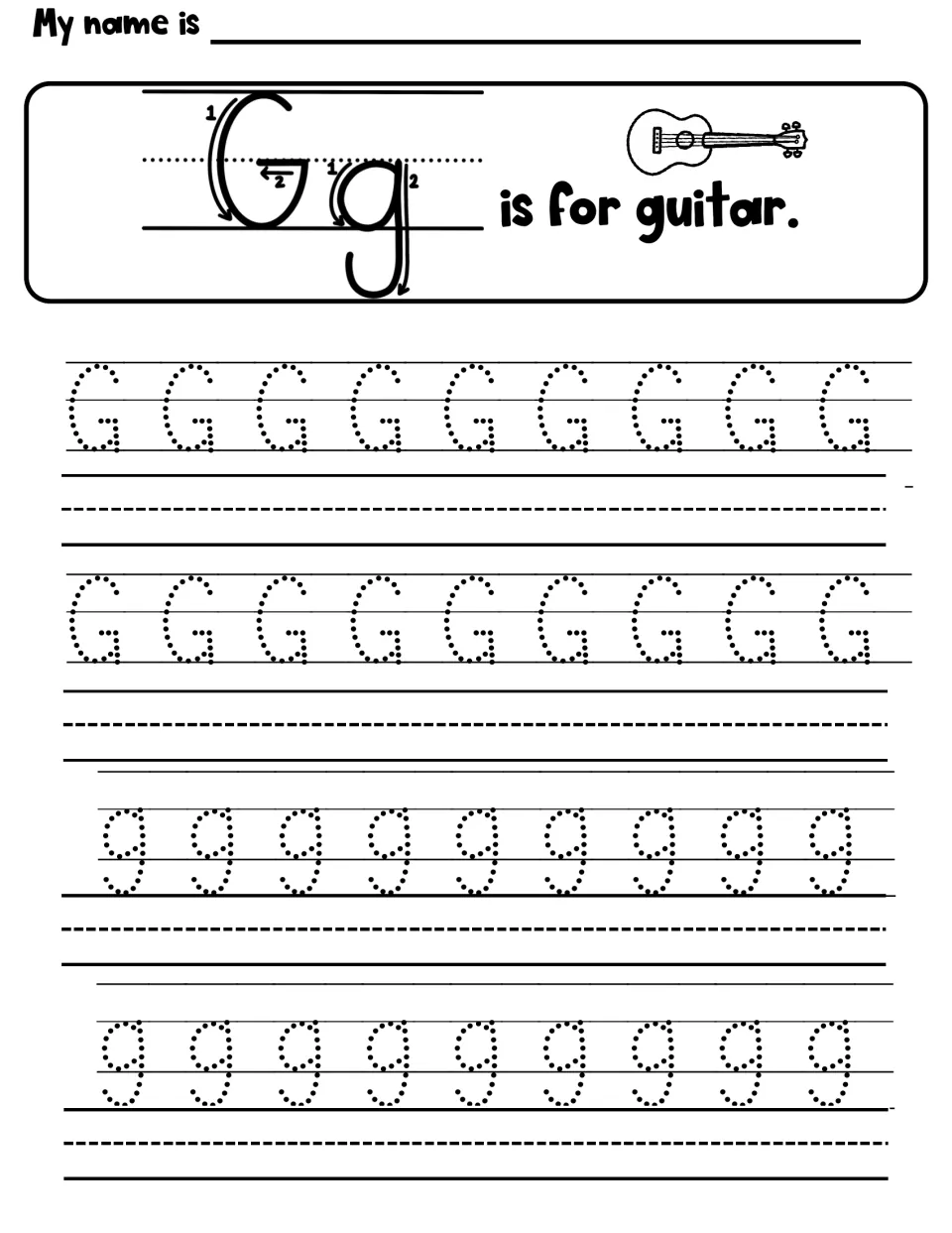 Gg is for guitar: numbered stroke arrows model letter formation, then students trace rows of dotted capital G and small g