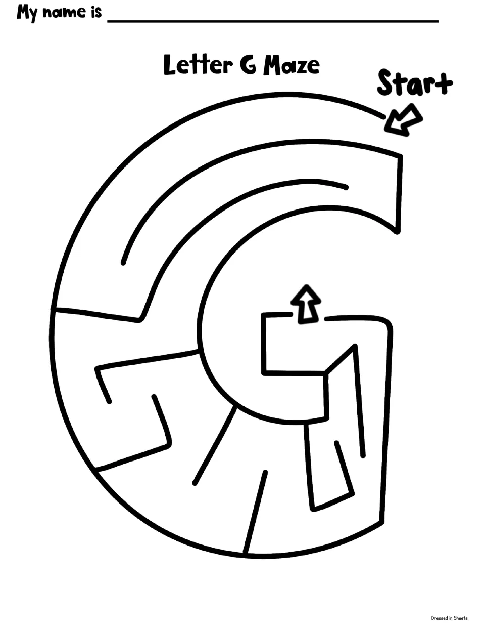 Letter G maze shaped like a capital G: students follow the path from the Start arrow to the arrow at its center