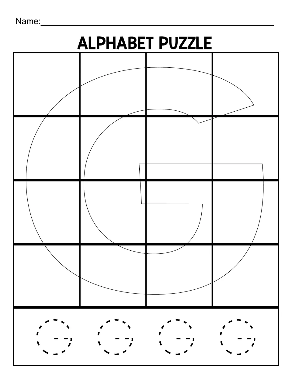Uppercase G puzzle mat for matching 16 cut-out pieces, with four dotted capital G letters to trace
