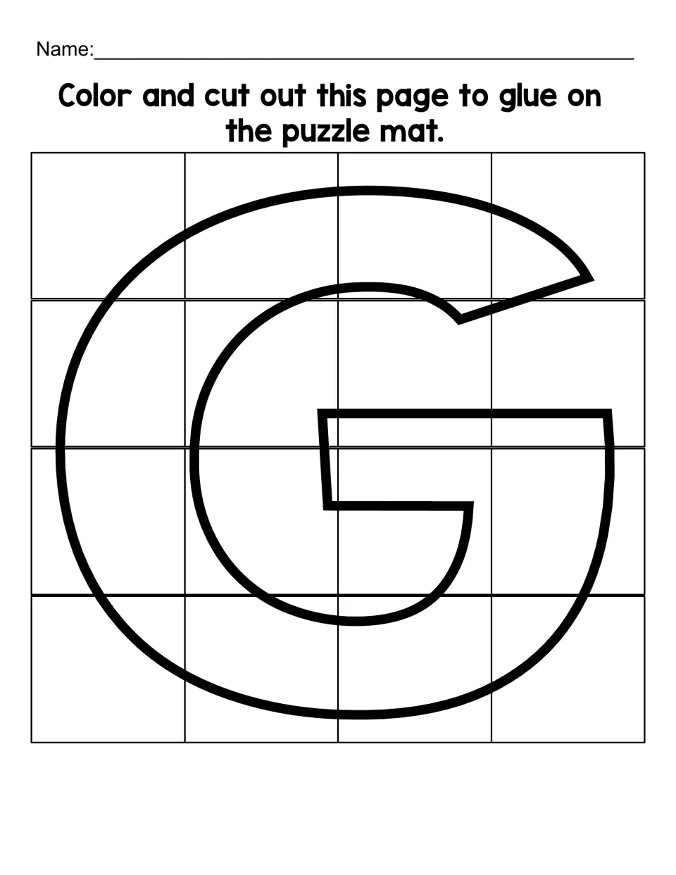 Uppercase G cutting sheet with 16 puzzle pieces to color, cut out, and glue onto the matching letter mat