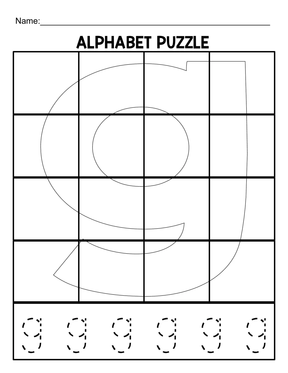 Lowercase g puzzle mat for matching 16 cut-out pieces, with six dotted lowercase g letters to trace