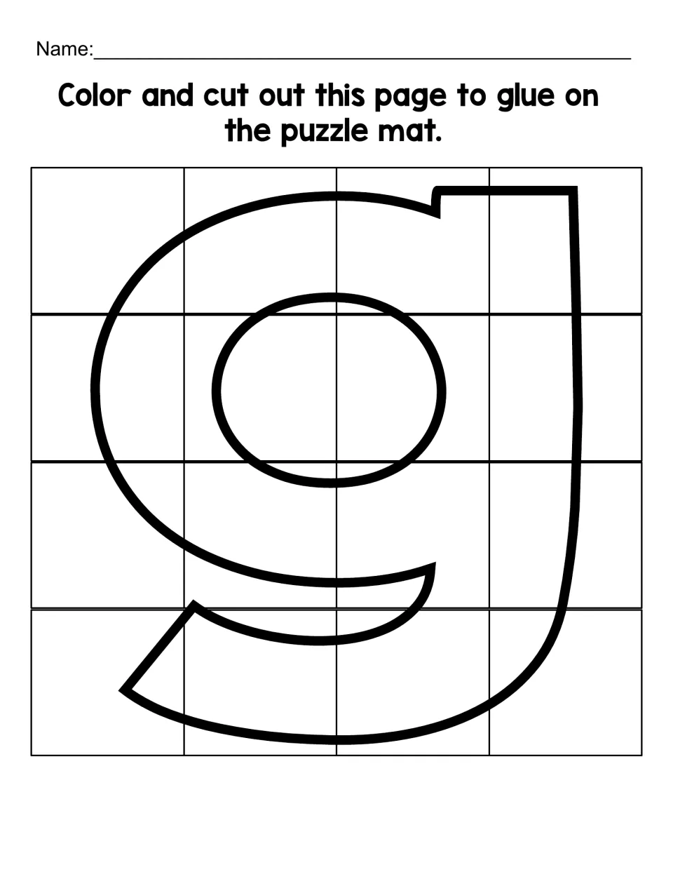Lowercase g cutting sheet with 16 puzzle pieces to color, cut out, and glue onto the matching letter mat